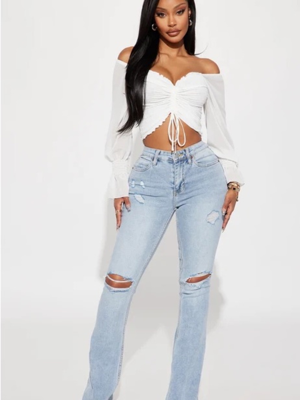 White Off-Shoulder Ruched Drawstring Crop Top - Picture 2 of 3